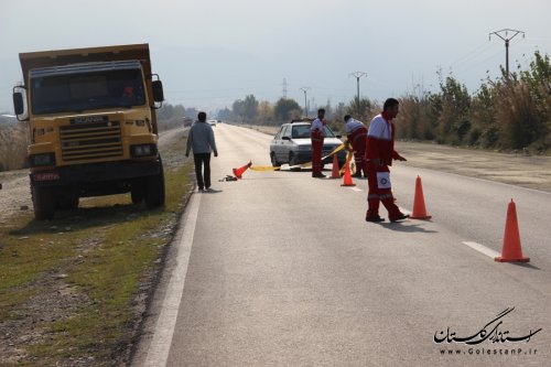 حضور فرماندارشهرستان ترکمن در مانور تصادف جاده ای زنجیره ای در شرایط واقعی