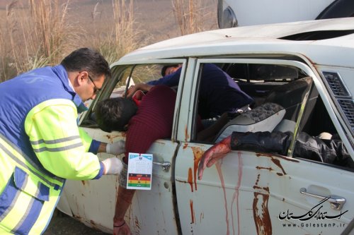 حضور فرماندارشهرستان ترکمن در مانور تصادف جاده ای زنجیره ای در شرایط واقعی