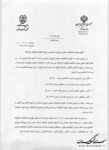آگهی نتیجه انتخابات مجلس شورای اسلامی حوزه انتخابیه گرگان وآق قلا