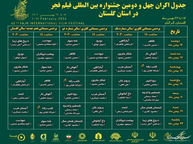 جدول زمان بندی اکران فیلم چهل و دومین جشنواره فیلم فجر در استان گلستان اعلام شد