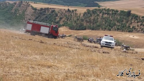 مهار آتش سوزی بقایای زمین های کشاورزی روستای عزیزاباد دهستان عرب داغ بخش پیشکمر