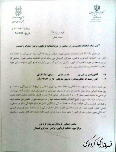آگهی نتیجه انتخابات مجلس شورای اسلامی در حوزه غرب گلستان
