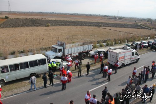 گزارش تصویری از حضور فرماندارشهرستان ترکمن در مانور تصادف جاده ای زنجیره ای در شرایط واقعی