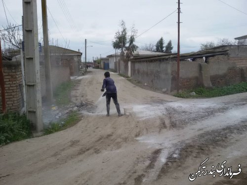 آهک پاشی و ضد عفونی معابر روستاهای شهرستان بندرترکمن